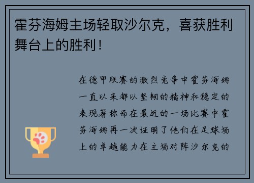 霍芬海姆主场轻取沙尔克，喜获胜利舞台上的胜利！