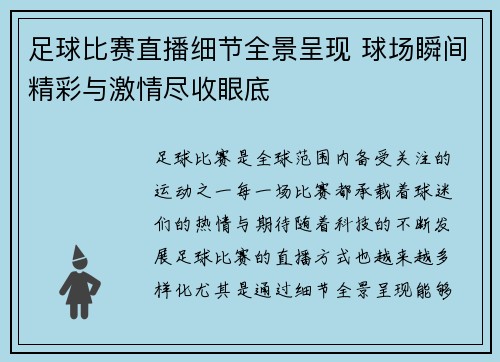 足球比赛直播细节全景呈现 球场瞬间精彩与激情尽收眼底